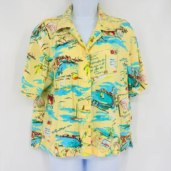 Vtg 90s Weekend Clothes Line Tropical Top Sz L Cabana Italian Summer Postcard - Image 2