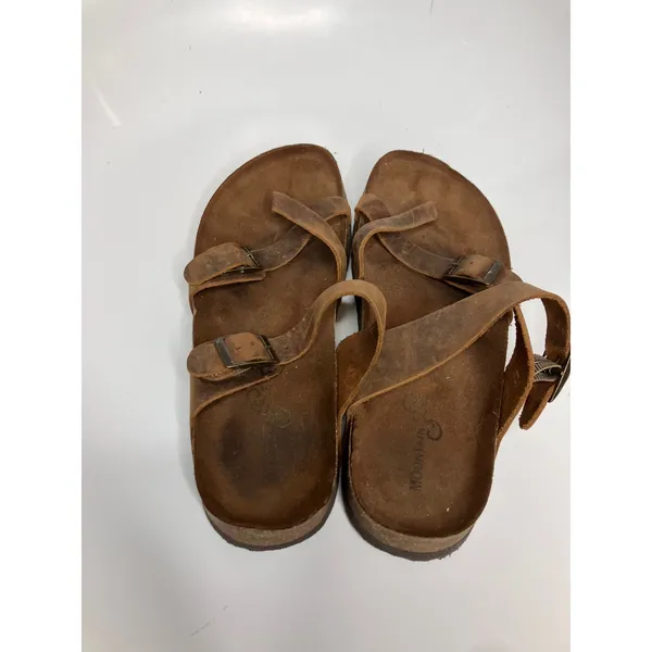 Mountain Sole Sandals Women 10 Brown Good Leather Toe Loop Buckle Slide - Image 4