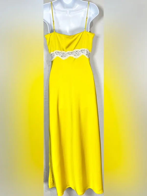 Zara Yellow Satin Finish Slip Dress with White Lace Trim Size Small - Image 5