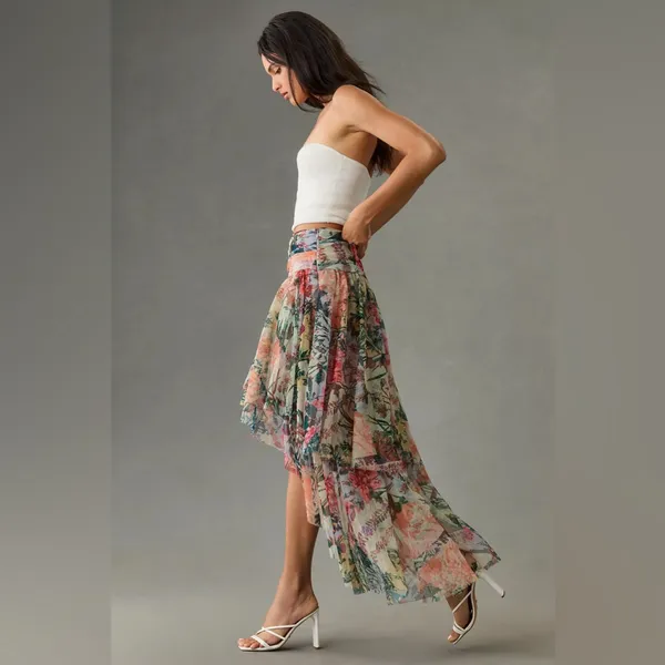 Anthropologie High-Low Tulle Maxi Skirt in Floral Pink Size 16 NWT Garden Party - Image 5