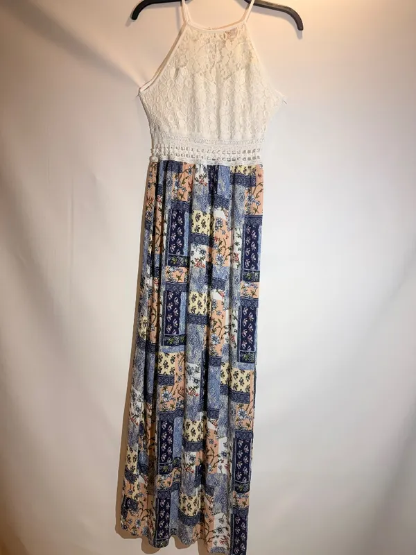 Boho Patchwork Floral Lace Halter Tie Waist Flowy Maxi Dress Size M - Image 2