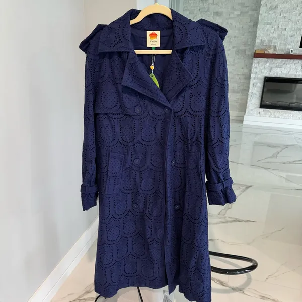 Farm Rio Navy Eyelet Cotton Double-Breasted Trench Coat NWT Size XS - Image 2