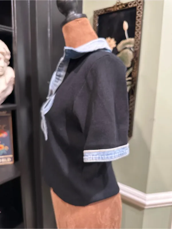IMMODEL Denim‑Trim Cropped Jersey Top – Patch “68” – Size Large Blue - Image 5
