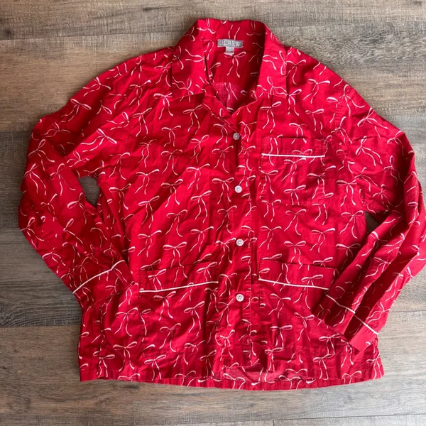 J.Crew Red White Bow Print‎ Cotton Pajama Set Womens Medium Long Sleeve Pants - Image 4