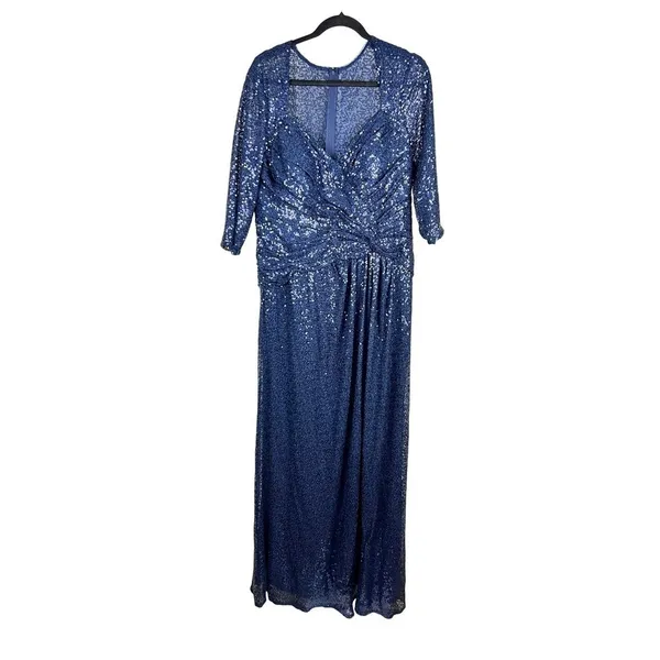 La Femme Navy Sequin Ruched V-Neck Evening Gown Dress Size 14 - Image 13