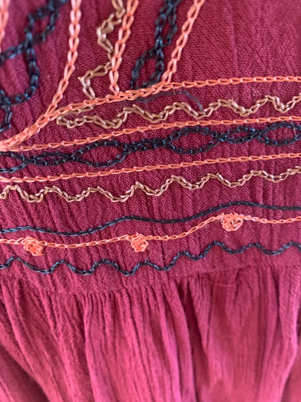 Flowy Maroon Hippie Top Embroidered Top Batwing Shirt Womens M Earthy - Image 11