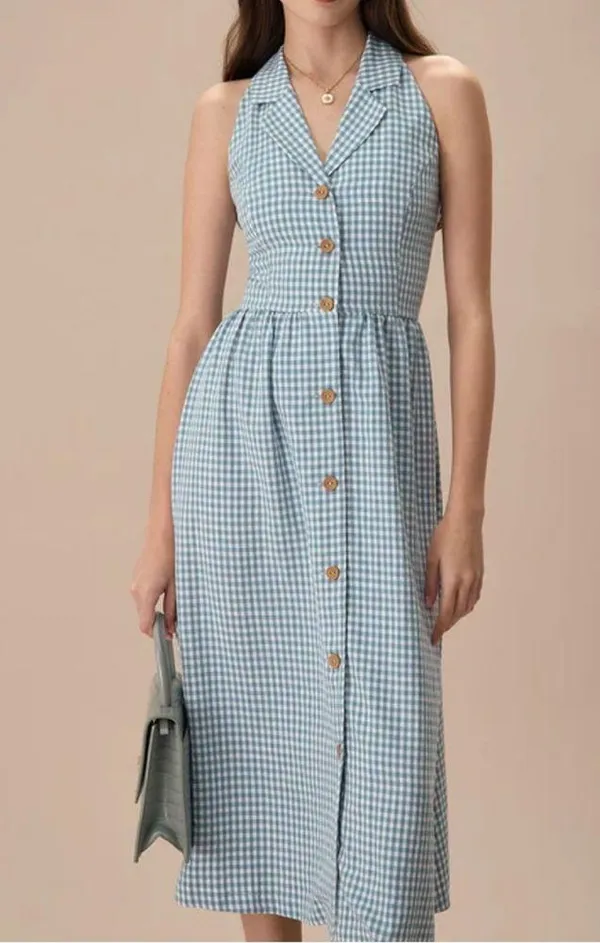 Rihoas Blue Lapel Plaid Sleeveless Shirt Midi Dress - Image 2