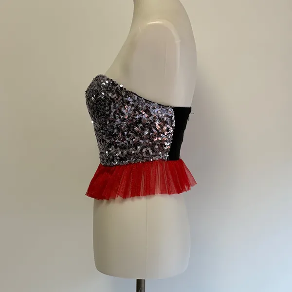 Wet Seal Sequin Strapless Peplum Corset Top Medium Silver Red Y2K Part Festival - Image 3