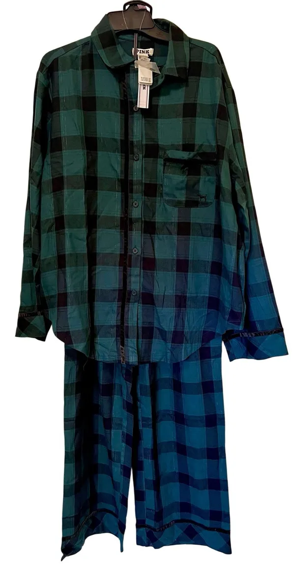 Victorias Secret Pink Pajamas Sz M Flannel Forrest Green Black Plaid Cotton NWT - Image 2