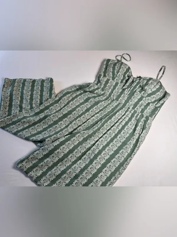 Su Wish Green Paisley Jumpsuit Womens XL Boho Wide Leg Tie Front - Image 11