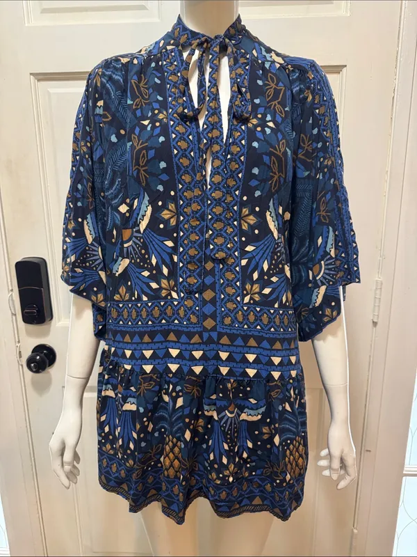 Farm Rio Tropical Magic Blue Patterned Tie-Neck Women’s Dress Size Medium - Image 4