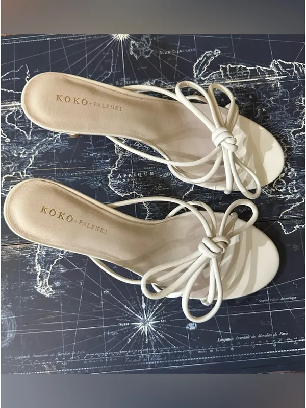 KOKO + Palenki “Barely Ice” Leather String Bow Slide Heels – Nude/Ice – Size 8 - Image 7