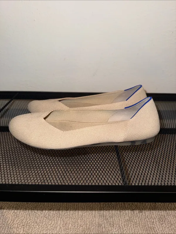 Rothy’s Knit Ballet Flats in Beige with Blue Trim - Image 2