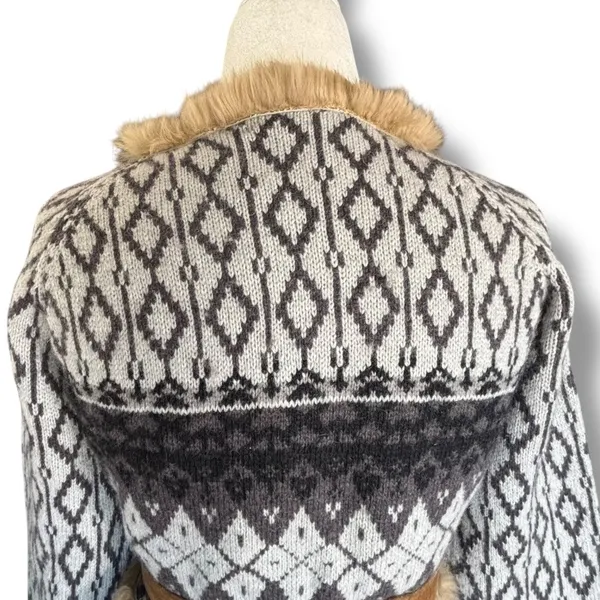 Vintage Y2K Fair Isle Shetland Wool Knit Cardigan Rabbit Fur Trim Belted Scarf‎ - Image 6