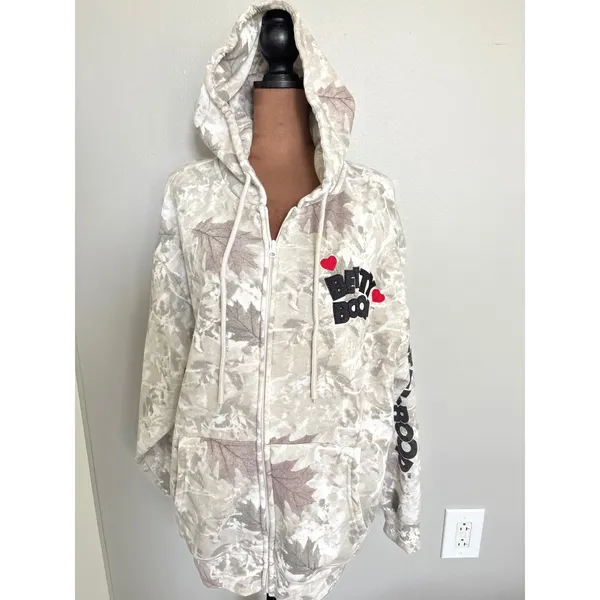 Fleischer Studios Betty Boop Camo Leaf Zip‎ Up Hoodie XL Tan Grey Graphic Back - Image 2