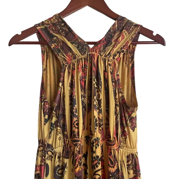 One World Women Maxi Dress S Yellow Batik Print Hippie Retro Boho‎ Jersey Resort - Image 3