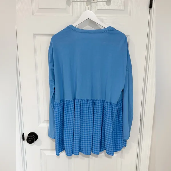 Anthropologie Pilcro Boho Blue Long-Sleeve Babydoll V-Neck Gingham Medium Top - Image 9