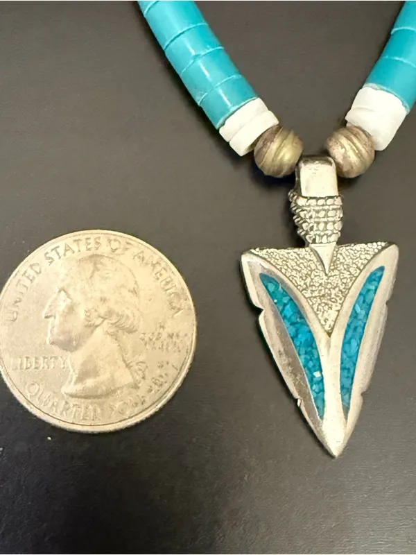 Vintage Southwestern Silver-tone Turquoise Heishi Beads Pendant Necklace - Image 6