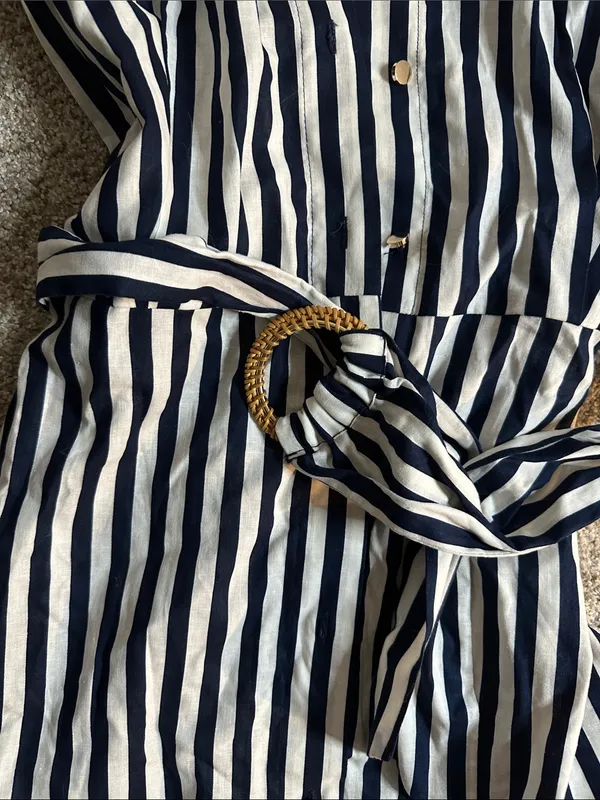 Zara Striped Linen Blend Button-Front Midi Dress Waist Tie - Navy & White - Image 5
