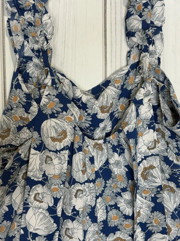 KORI Floral Maxi Jumpsuit Blue White Sleeveless Sz L Ruffle Straps Back Sash Tie - Image 8