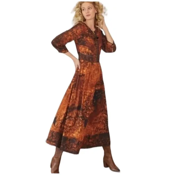 Soft Surroundings Rust Batik Midi Dress 3/4 Sleeve Tassel Zip Venetian boho Sz 4 - Image 2