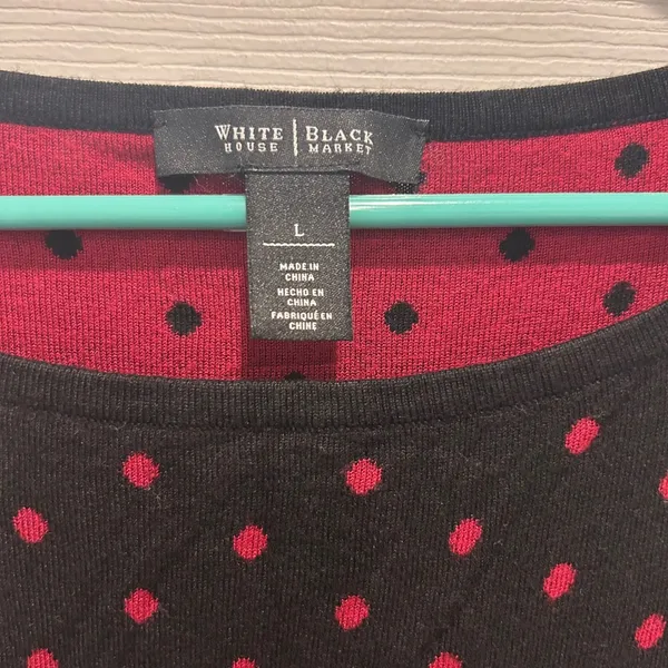 White House Black Market WHBM Black Red Polka Dot 3/4 Sleeve‎ Knit Top Large Mod - Image 3