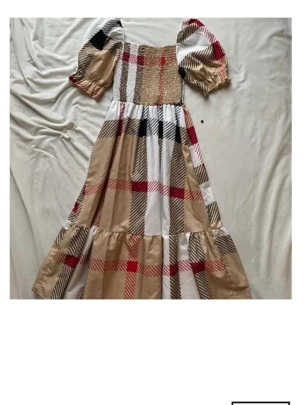 beige plaid smocked maxi dress Tan - Image 9