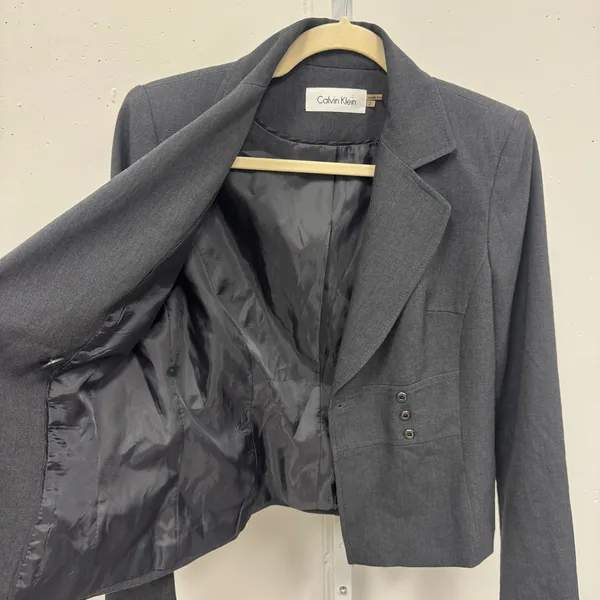 Calvin Klein Wool Blend Grey Single Bar Clasp Blazer Jacket‎ Size 2 Career - Image 3