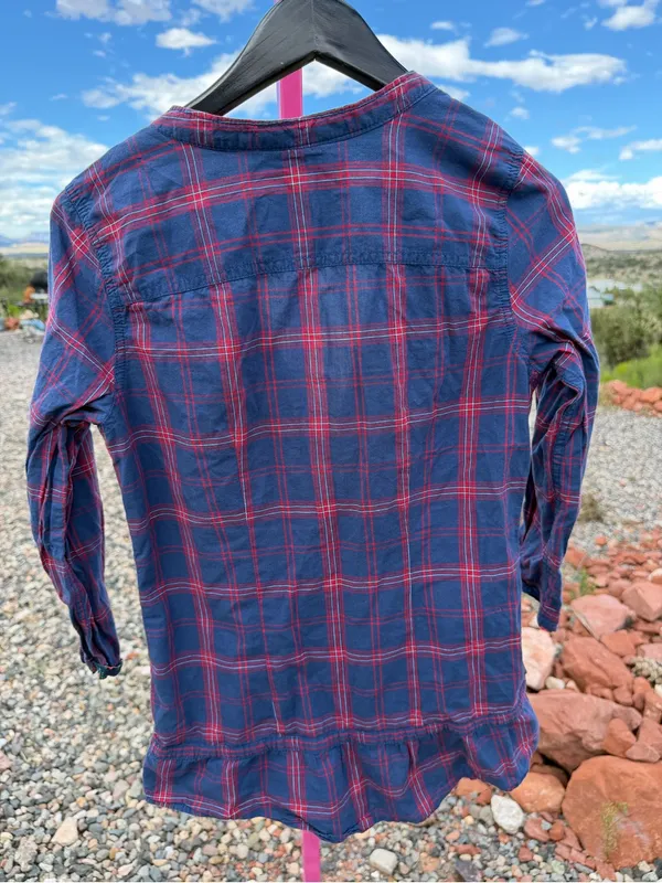 Y2K Abercrombie & Fitch Plaid Ruffle Peplum Tunic Top M Navy Red Floral - Image 3