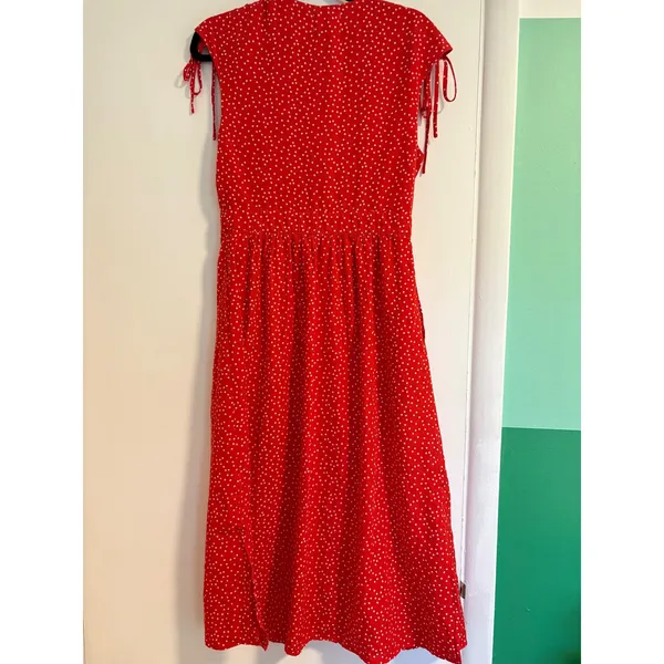 Needle & Thread Red Polka Dot Button Front Midi Dress Tie Sleeve V-Neck Medium - Image 4