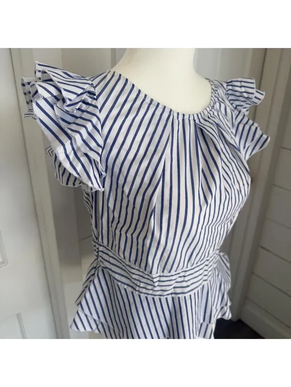 Blue White Striped Ruffle Peplum Blouse | Flutter Sleeve Top | Size S - Image 2