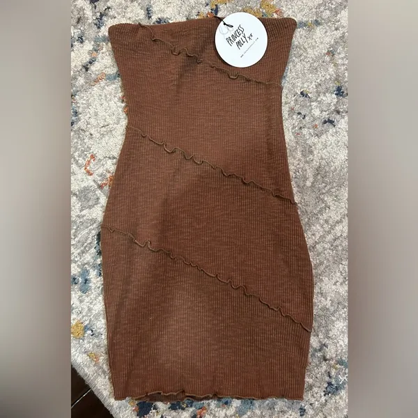 Princess Polly Oscar Mini Dress Brown Size 4 Ribbed Strapless Dress - Image 4