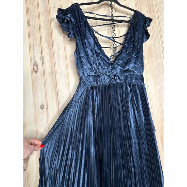 NWT Lulus Exceptional Drama Navy Blue Satin Lace-Up Pleated Maxi Dress Luxe Sz L - Image 4