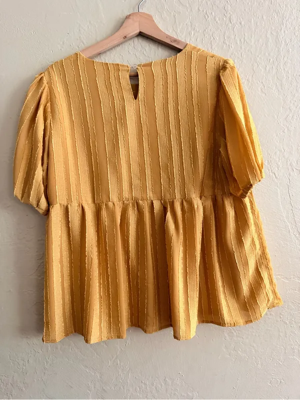 Textured Yellow Peplum Blouse with Puff Sleeves - Image 3