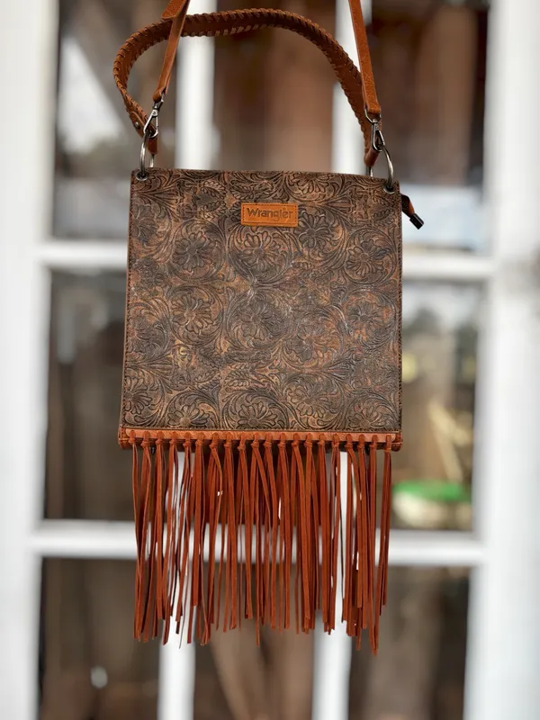 Wrangler Womens Floral Embossed Fringe Adjustable Strap Brown Hobo Crossbody Bag - Image 3
