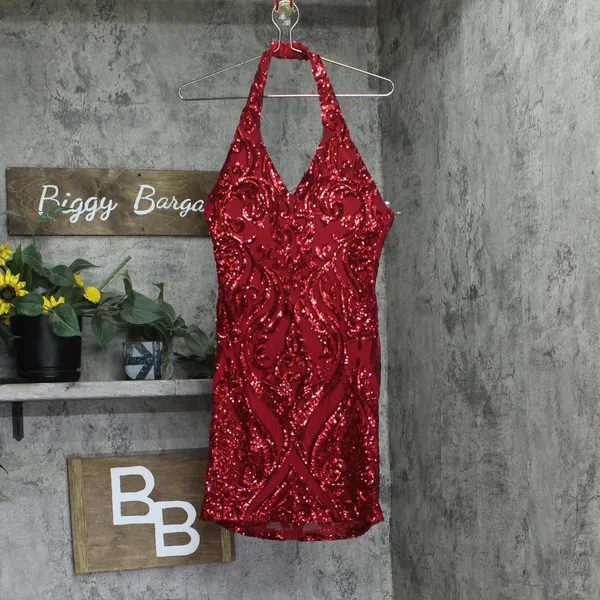 NEW B. Darlin Juniors Halter Sequin Bodycon Mini Dress 8KJT909 Red 7/8 - Image 5