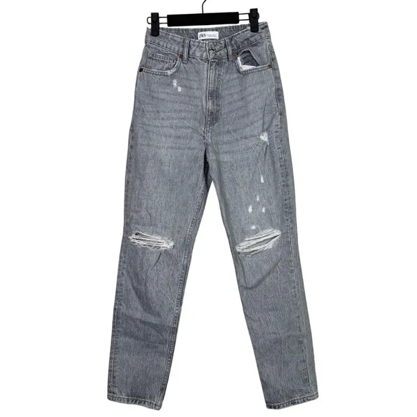 ZARA Straight Leg High Waisted Distressed Jeans Raw Hem 2 Rinsed Black #3900 - Image 11
