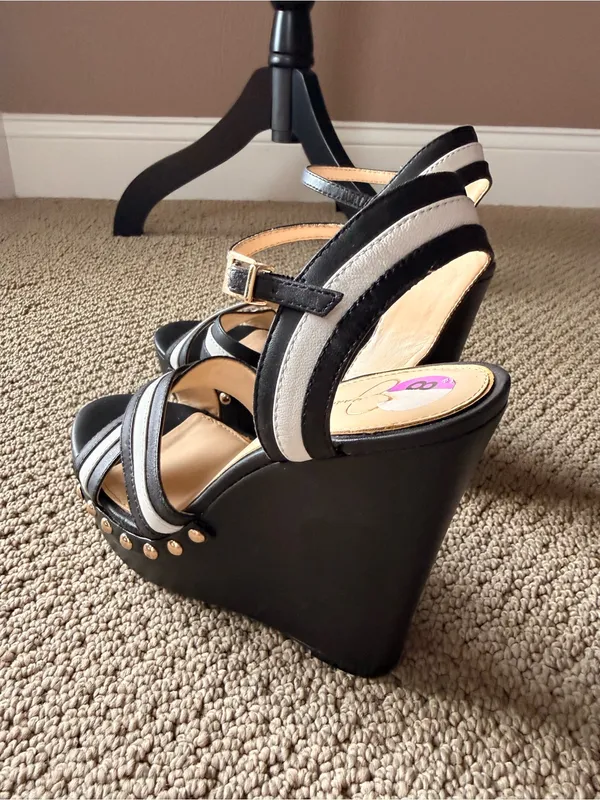 Jessica Simpson Tellira Black and White Leather Platform Strap Wedge Sandals - Image 4