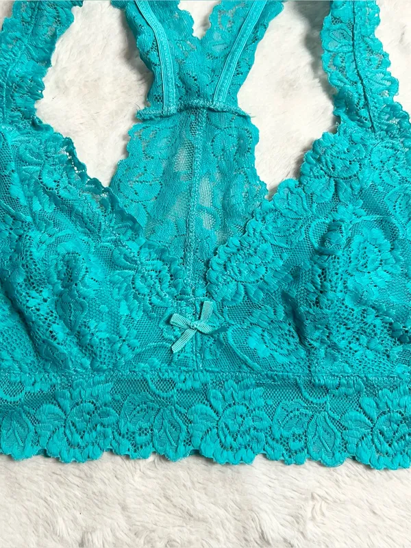 Teal Blue Lace Racerback Bralette Size Medium Aqua Wireless Comfort Lacy Stretch - Image 2
