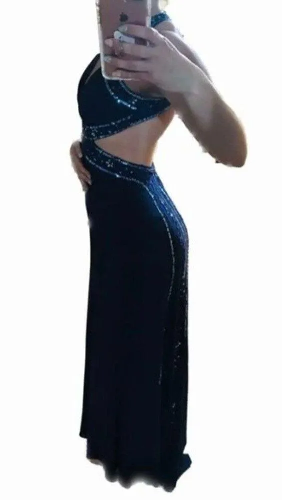 Nightway navy blue open back low cut prom holiday dress size 4 - Image 2