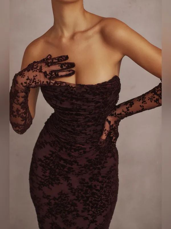 House of CB Isadora Black Cherry Devore Corset Dress XS - Image 3