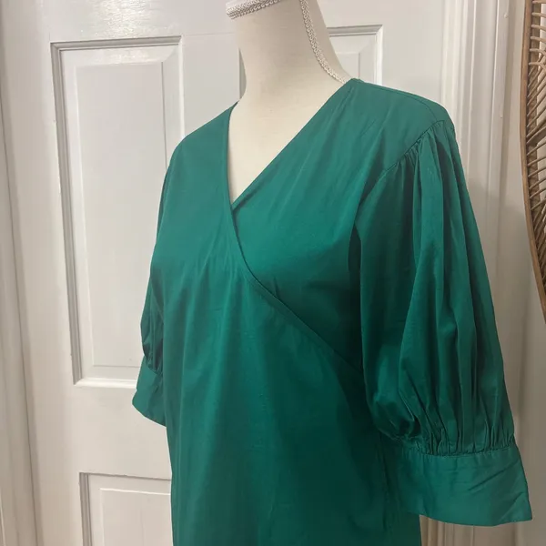 S'edge‎ Poplin Wrap Dress L Emerald Green Puff Sleeve Career Chic Classic - Image 2