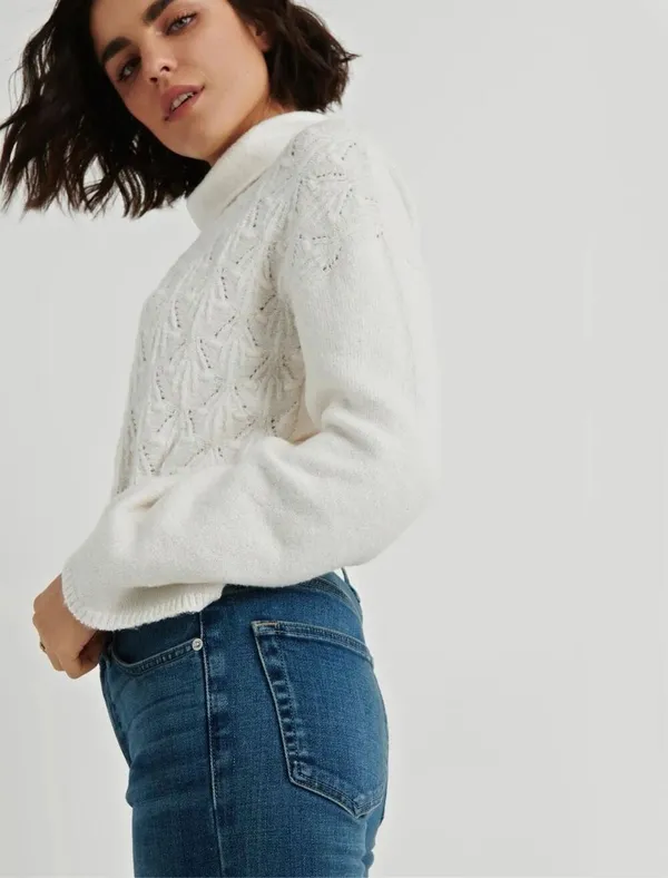 Lucky Brand Pointelle Turtleneck Cable Knit Bell Sleeve Sweater Ivory XS #1300 - Image 2