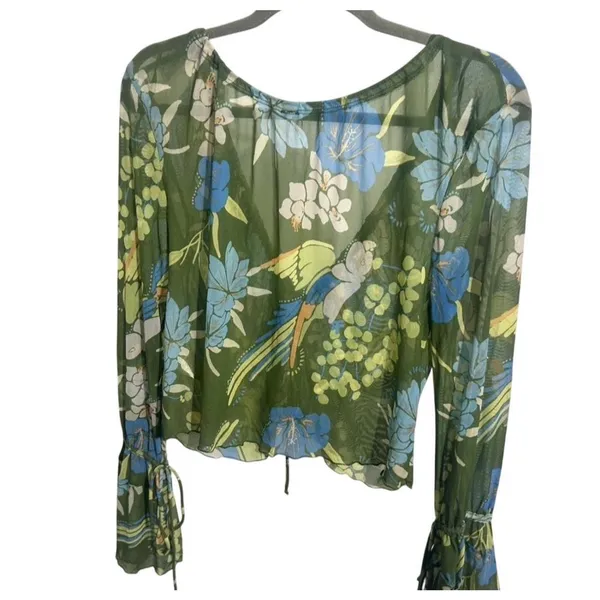 Free People $78 Of Paradise Top Tropical Floral Sheer Cropped V-Neck Blouse M - Image 2
