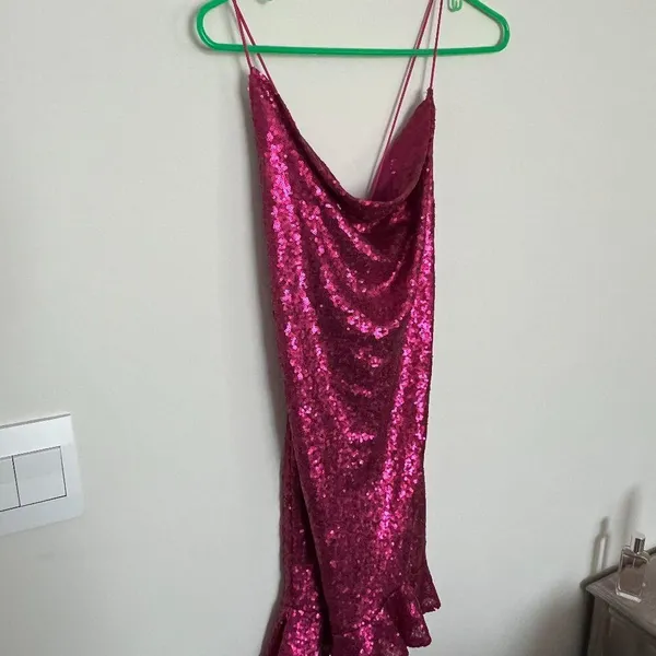 Lena Hot Pink Sequin Mini Dress with Lace up Back - Size Large - Image 3