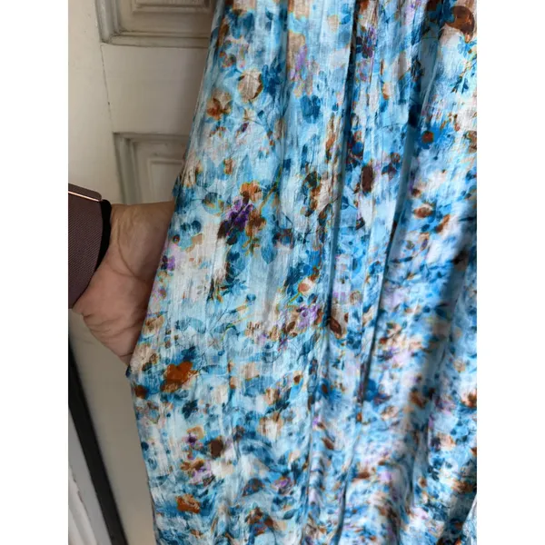 Anthropologie Floral Print Blue Midi Dress Puff‎ Sleeve Smocked Casual Size XS - Image 5