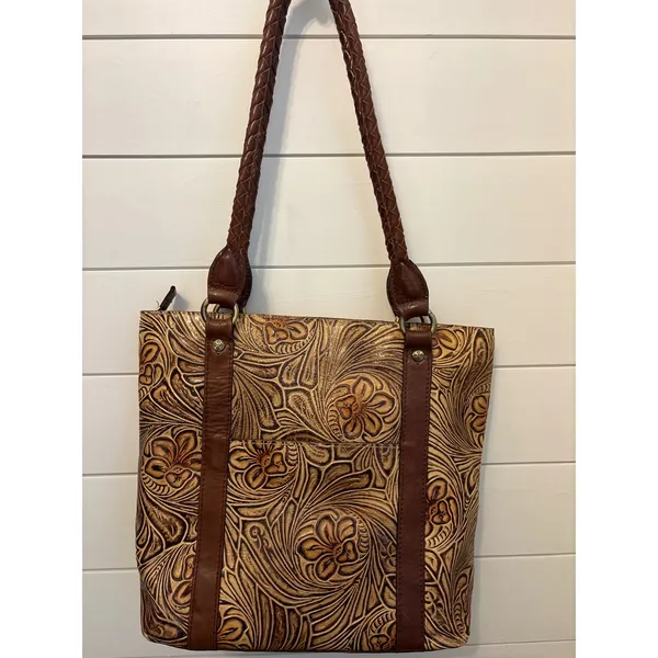 Patricia Nash Tooled Leather Fringe Tote Bag Purse Brown Floral‎ Western - Image 4