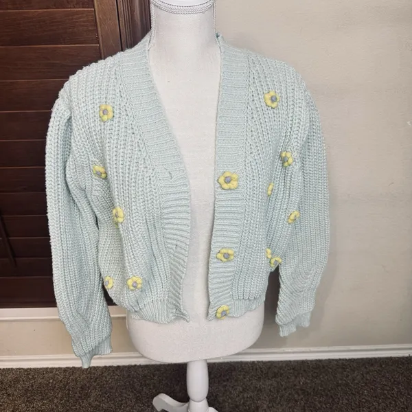 Hyfve Cardigan Sweater Mint Green w/ Yellow Daisy buttons twee‎ cottagecore sz L - Image 2