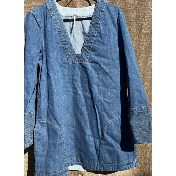 Free People Dreaming Of Denim Hendrix Tunic Oversized Women’s Sz S Denim Blue - Image 14