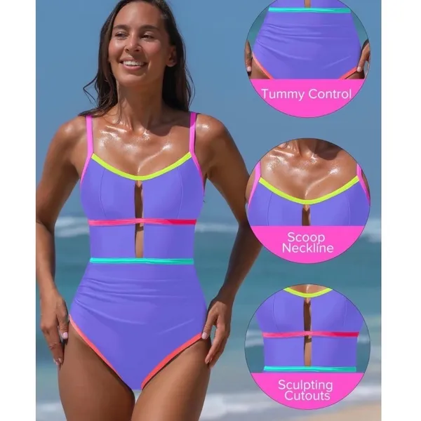 NWT Popvil Womens Purple Neon Colorblock Cutout One Piece Swimsuit Size Small‎ - Image 4